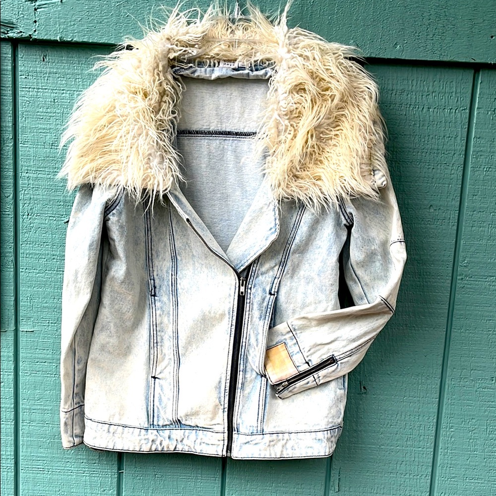 Somedays Lovin Blue and Cream Jean Jacket with Faux Fur Collar